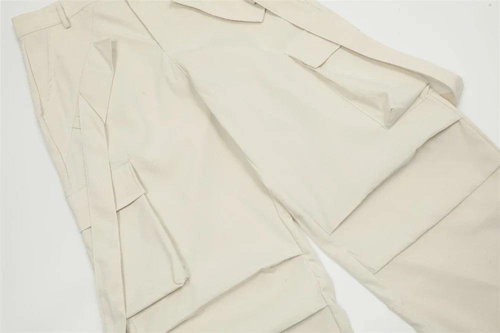Premium pleated overalls for men with ribbon pockets, available in black and apricot colors, sizes S-XL