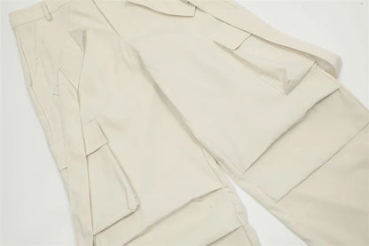 Premium pleated overalls for men with ribbon pockets, available in black and apricot colors, sizes S-XL