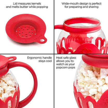Microwave glass popcorn popper with red silicone lid, ready to make fresh, healthy popcorn