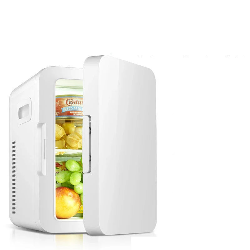 Compact 8L dual-purpose car and home refrigerator in white color, designed for use in bedrooms, dorms, and during travel