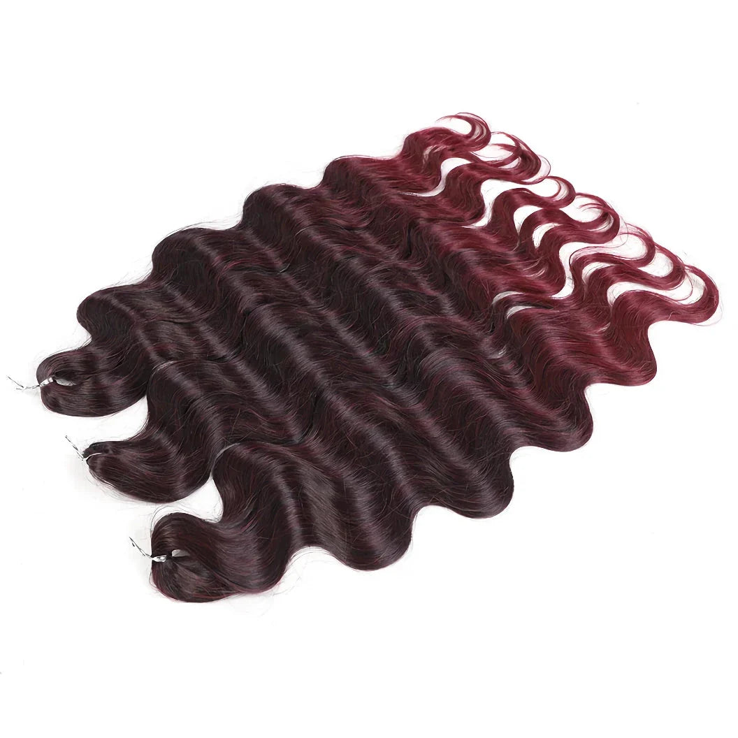 Ombre body wave crochet hair extensions in 24-inch length with seamless dark to light color blend