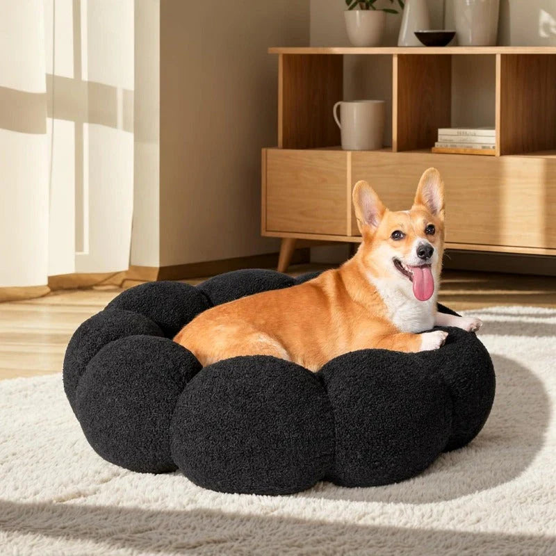 A cozy, flower-shaped dog bed made of soft, plush teddy sherpa fabric with raised edges for head and neck support, providing a calming and comfortable resting spot for medium-sized dogs.
