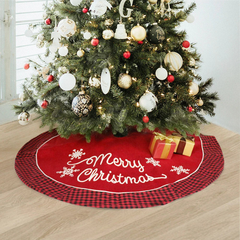 Premium plaid Christmas tree skirt with festive red and black edging