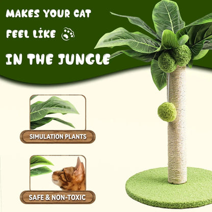 A natural-inspired cat scratching post with green leaves and interactive toys, providing a safe and engaging scratching surface for your feline companion.