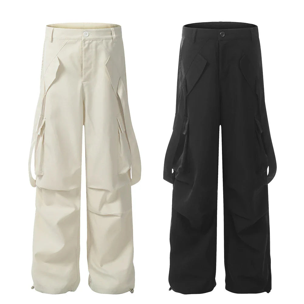 Premium pleated overalls for men with ribbon pockets, available in black and apricot colors, sizes S-XL