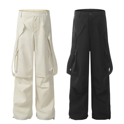 Premium pleated overalls for men with ribbon pockets, available in black and apricot colors, sizes S-XL