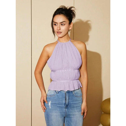 Chic and stylish ruffle hem halter top in Lilac Purple and Baby Blue colors for fashionable women