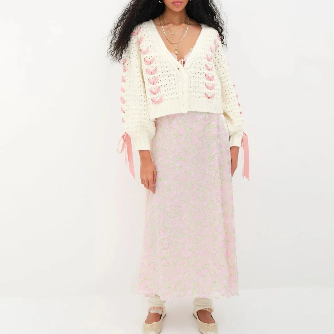 Chic Contrast V-Neck Tie Cardigan for Women in White - Soft, Cozy, and Stylish Knit Sweater