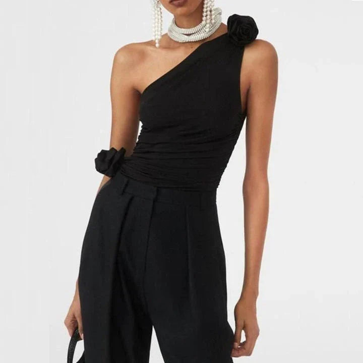 Hhomeenjoy Chic Diagonal Shoulder Knit Tank Top with Glamorous 3D Rose