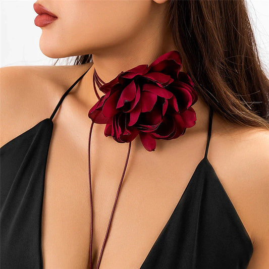 Elegant Rose Flower Statement Choker Necklace for Women - Premium French Velvet, Adjustable Fit, Bold Floral Pendant
