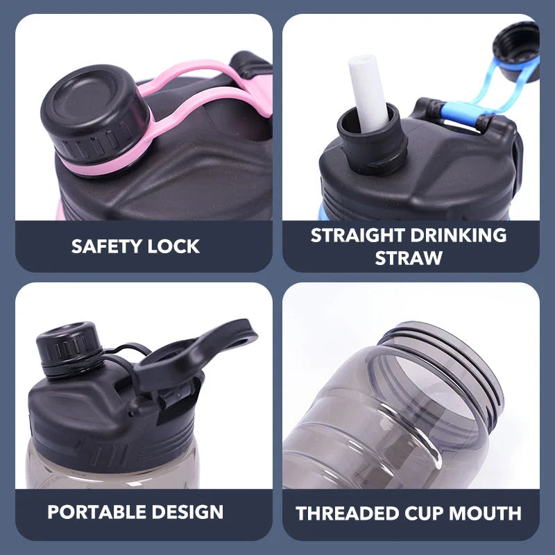 A large 2-liter water bottle with a straw, designed for active lifestyles and everyday hydration needs.