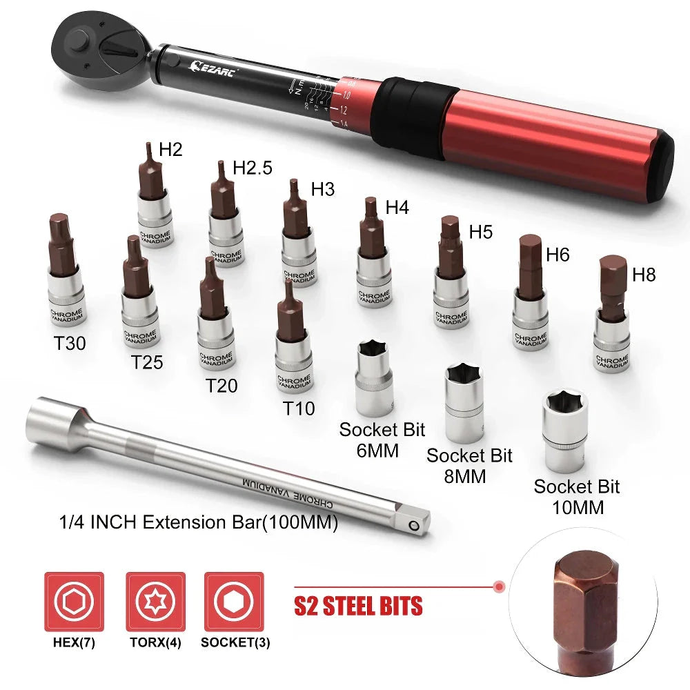 16-Piece Precision Torque Wrench Set for Bicycle Maintenance with Chrome Vanadium Steel Construction and Micro-Adjustment Capabilities