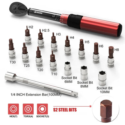 16-Piece Precision Torque Wrench Set for Bicycle Maintenance with Chrome Vanadium Steel Construction and Micro-Adjustment Capabilities