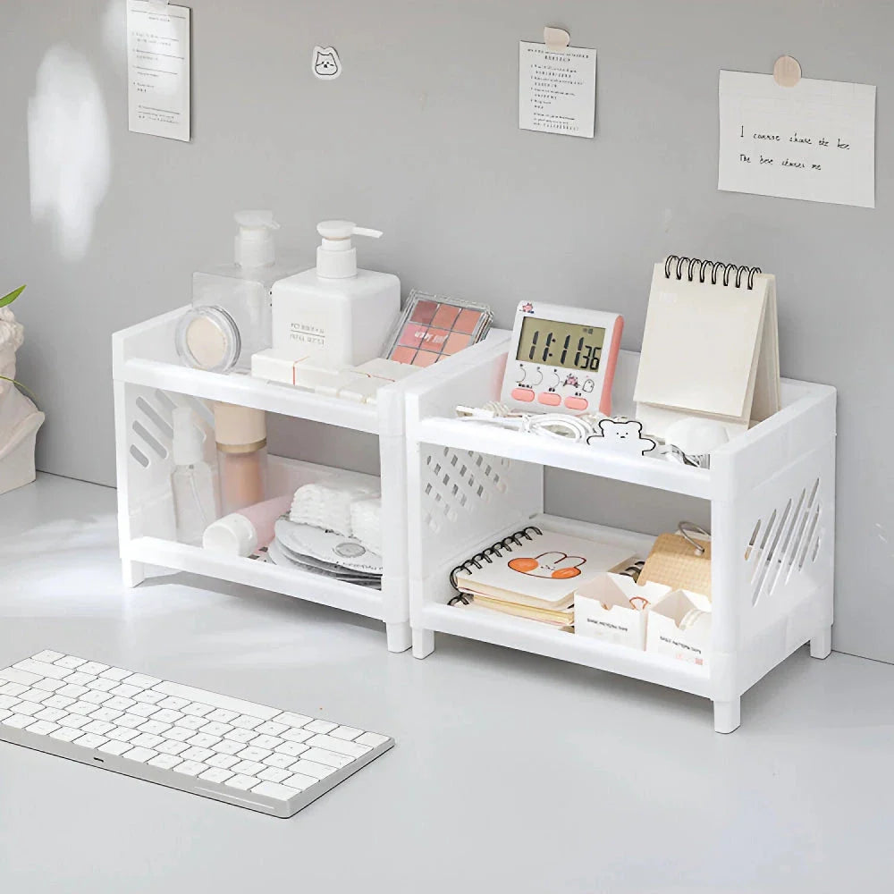 Sleek white desktop organizer with two-tier storage compartments for keeping office supplies, cosmetics, and other essentials neatly organized on a desk or countertop