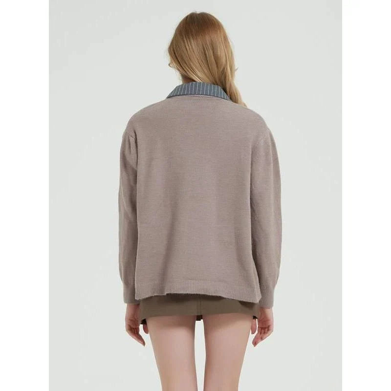 Autumn Elegance Patchwork Knit Cardigan in Khaki color, with a classic turn-down collar and double-breasted closure