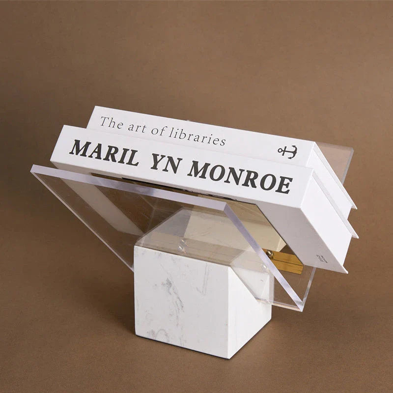 Elegant natural marble and acrylic book stand with Volakos White marble and transparent acrylic design for stylish display of books, magazines, and art