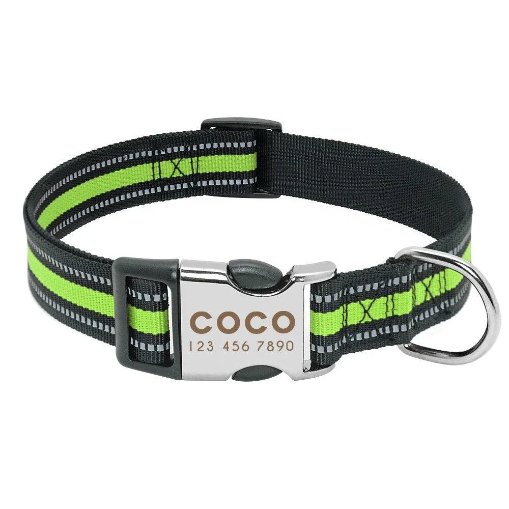 A striped reflective dog collar made of durable nylon material, ensuring visibility and safety for your furry friend during walks and outdoor adventures.