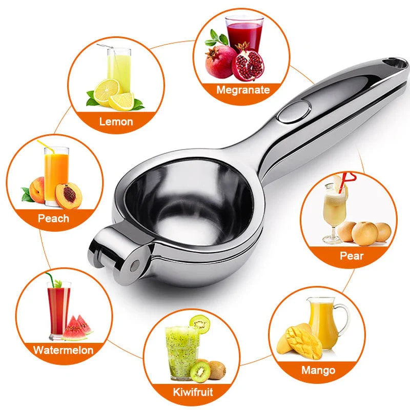 A high-quality manual lemon squeezer made of durable stainless steel, designed for effortless juicing of citrus fruits.