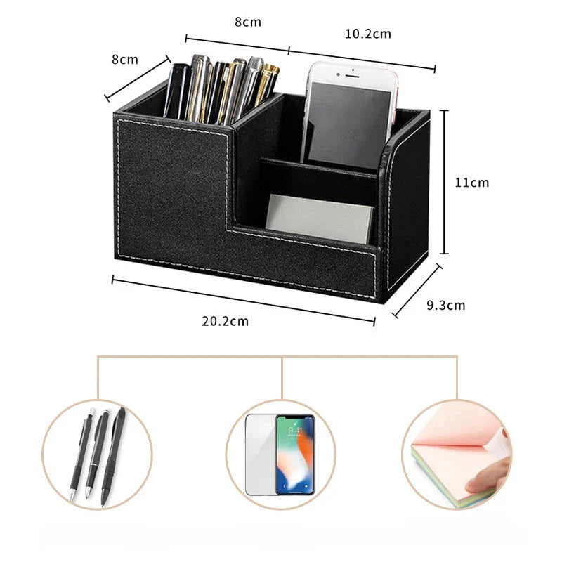 Elegant leather desk organizer with multiple compartments for storing pens, business cards, and other small items