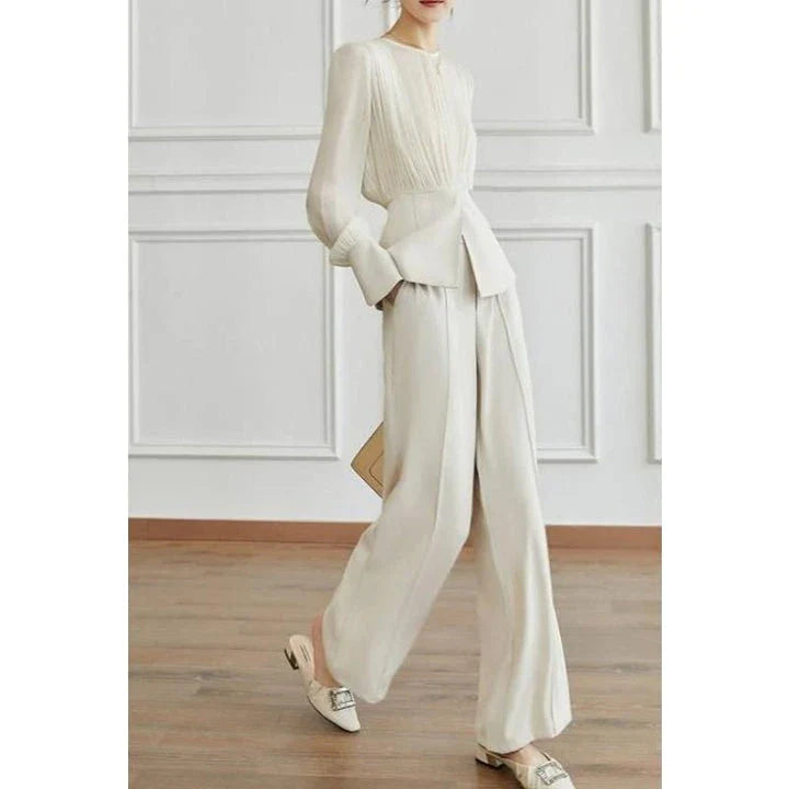Elegant long sleeve top and wide leg pants set in solid color for stylish autumn wear