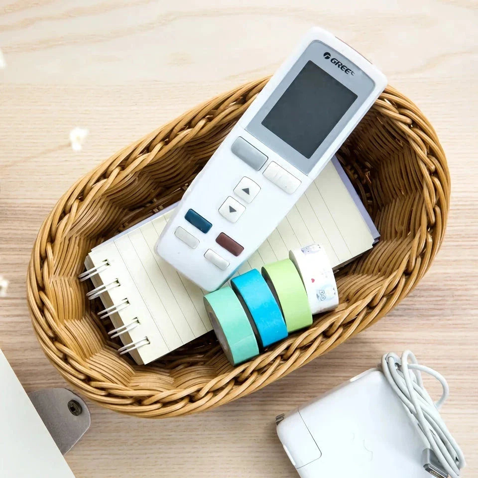 Bamboo handwoven storage basket organizer with natural, neutral tones and rustic design for organizing fruits, tea supplies, and more in the kitchen, living room, or bathroom.