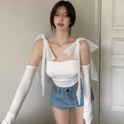 Chic knitted white tank top with bow accent, one size fits all, premium polyester fabric