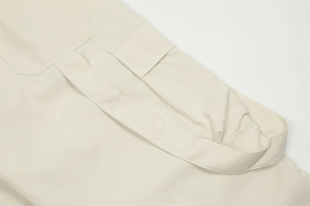 Premium pleated overalls for men with ribbon pockets, available in black and apricot colors, sizes S-XL