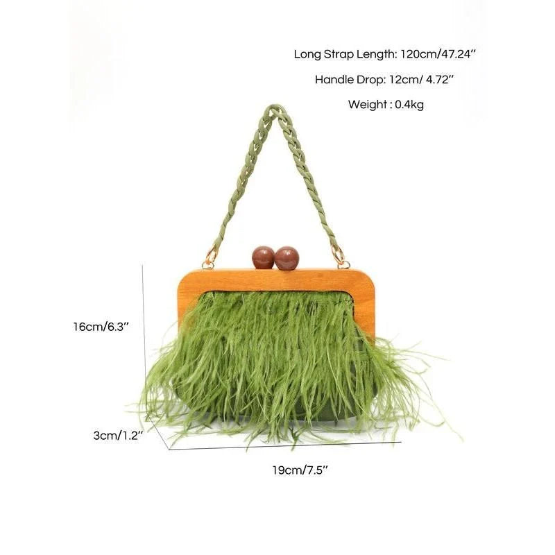 Elegant green feather evening clutch with chic acrylic chain, a stylish and practical accessory for formal and casual events