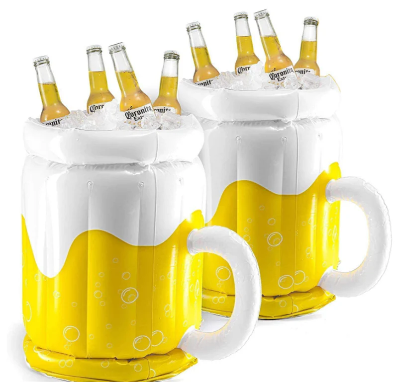 Oversized inflatable beer mug-shaped pool float with built-in cup holder for keeping drinks chilled and secure