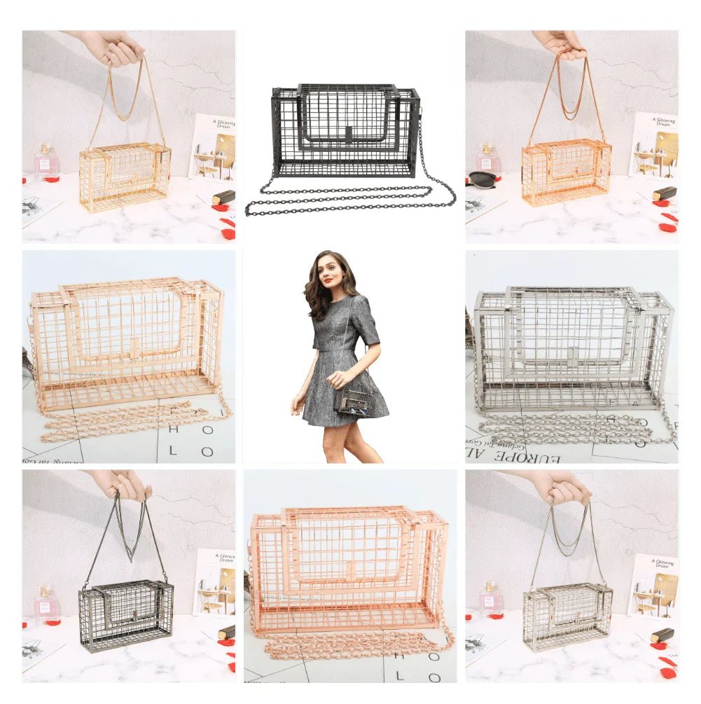 Metal shoulder bag with iron mesh design, adjustable chain strap, and compact size for versatile wear