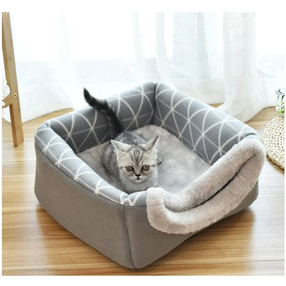 Collapsible cat house and bed made of soft, cozy fleece material in a compact, space-saving design