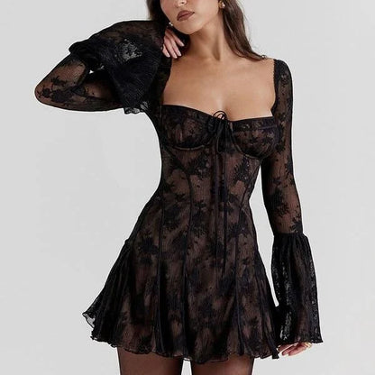 Elegant black mini dress with square neckline, backless design, and flare sleeves