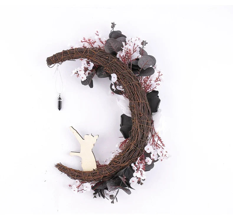 Halloween White Flower Black Rose Dried Wood Moon Cat Garland Ornaments