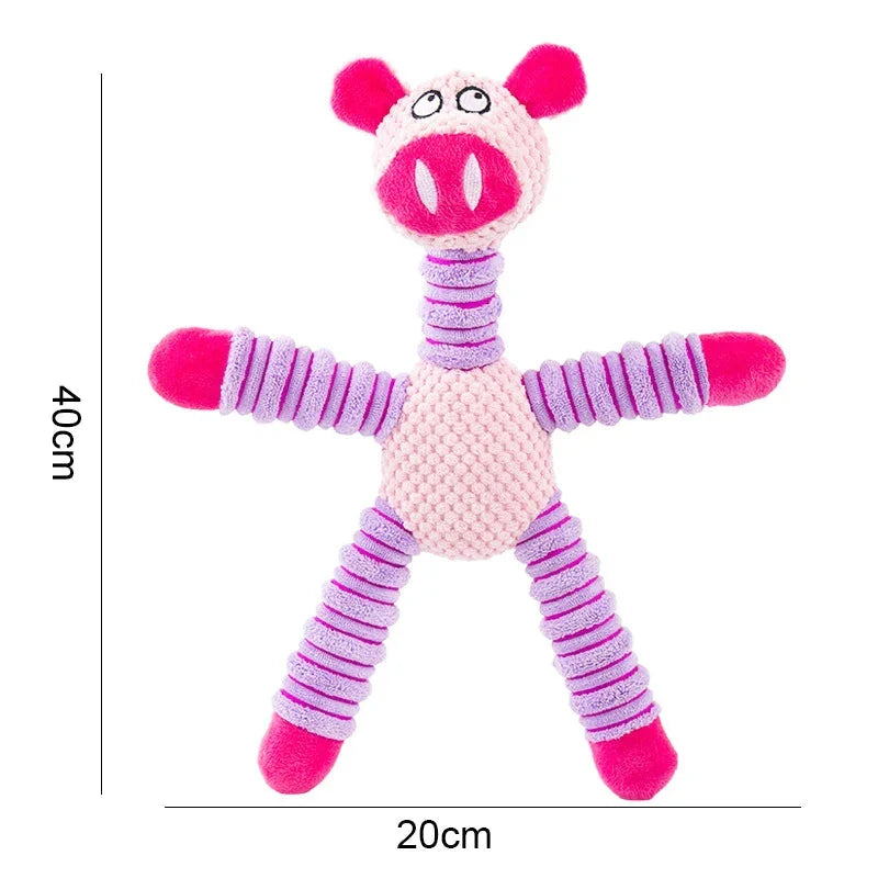 A high-quality plush pet toy with a squeaker, designed to be durable and promote dental health through interactive play.