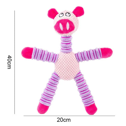 A high-quality plush pet toy with a squeaker, designed to be durable and promote dental health through interactive play.