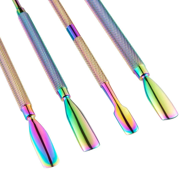 Premium stainless steel chameleon rainbow dual-ended cuticle pusher for salon-quality nail care at home