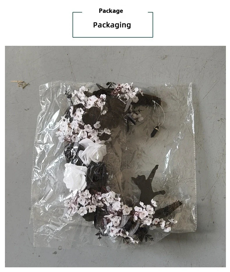 Halloween White Flower Black Rose Dried Wood Moon Cat Garland Ornaments