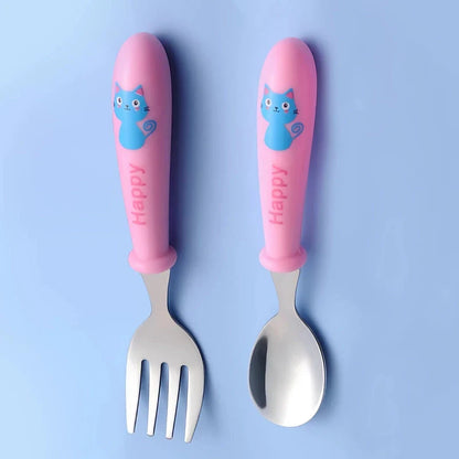 Charming cartoon-designed stainless steel toddler cutlery set with spoon and fork, perfect for mealtimes and self-feeding