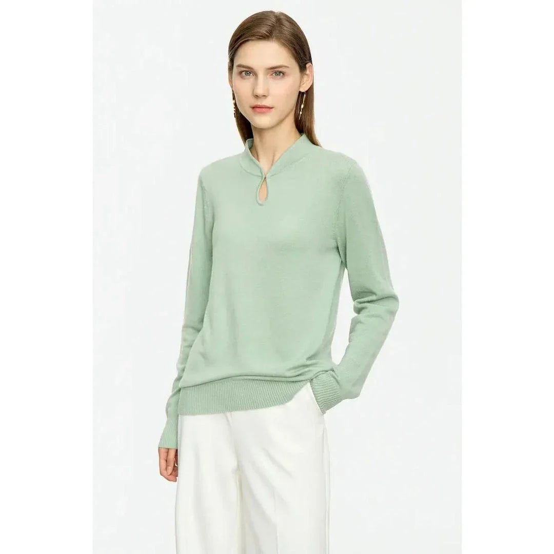 Chic Minimalist U-Collar Long Sleeve Pullover in Green and Purple colors, featuring a unique design and cozy blend of materials.