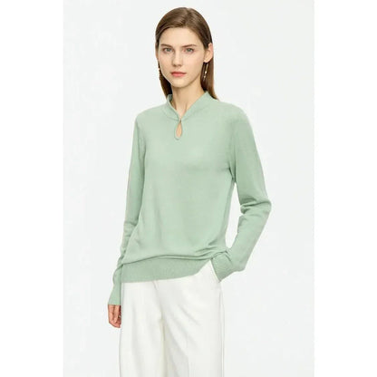 Chic Minimalist U-Collar Long Sleeve Pullover in Green and Purple colors, featuring a unique design and cozy blend of materials.