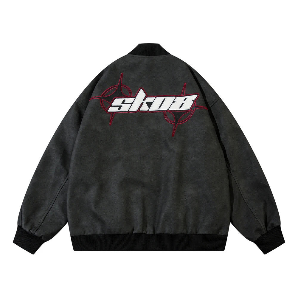 Fashionable Loose PU Leather Jacket with Star Embroidery Design in Black and Gray Green Colors