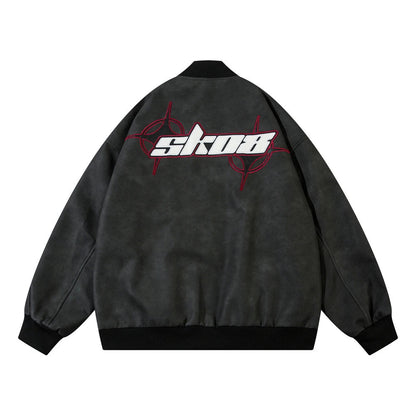 Fashionable Loose PU Leather Jacket with Star Embroidery Design in Black and Gray Green Colors