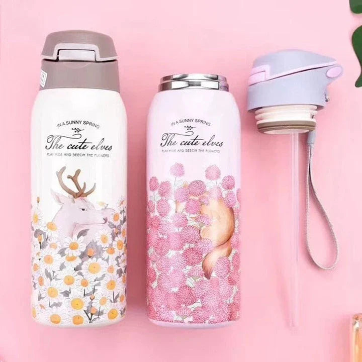 Stylish floral double-wall stainless steel water bottle with a convenient straw lid, maintaining temperature for up to 12 hours.