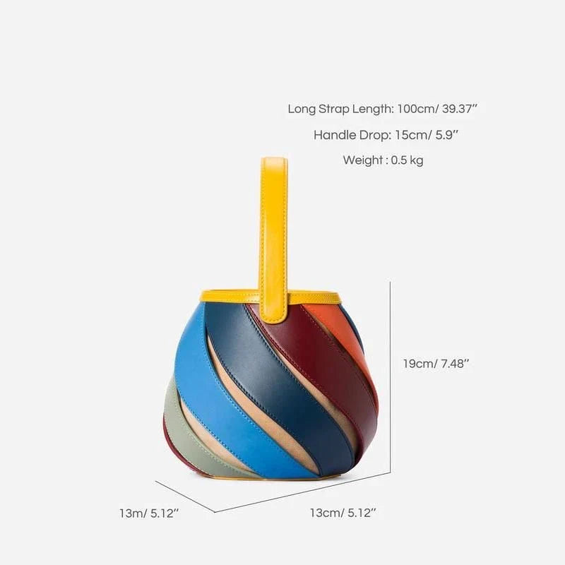 Colorful striped PU leather bucket handbag with adjustable strap and roomy interior