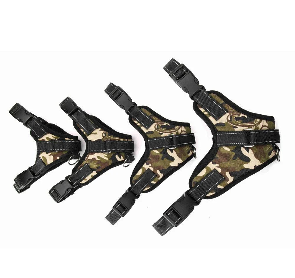 Durable nylon dog harness in camouflage pattern with adjustable straps for a custom fit
