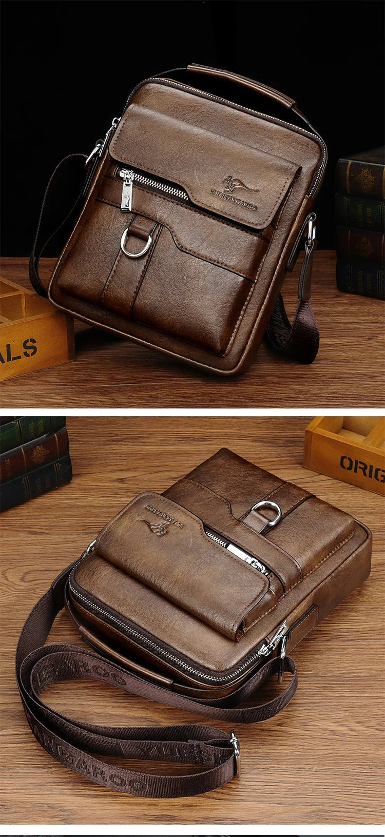 Fashionable casual men's Korean-style satchel bag made of premium PU leather with multiple compartments and adjustable strap