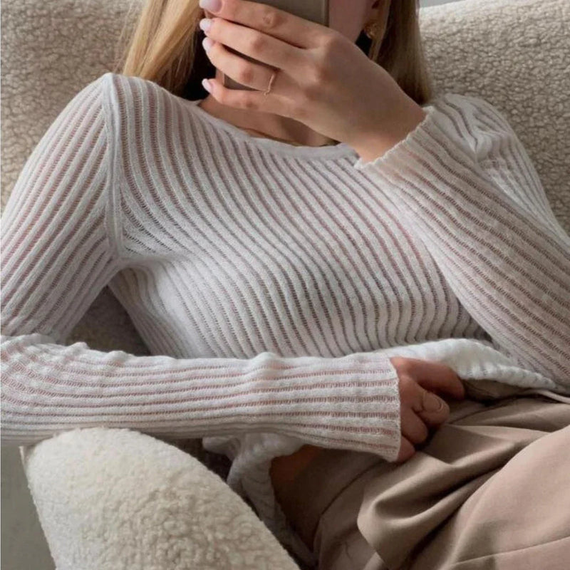 Hhomeenjoy Elegant Striped Sheer Long Sleeve Blouse for Women