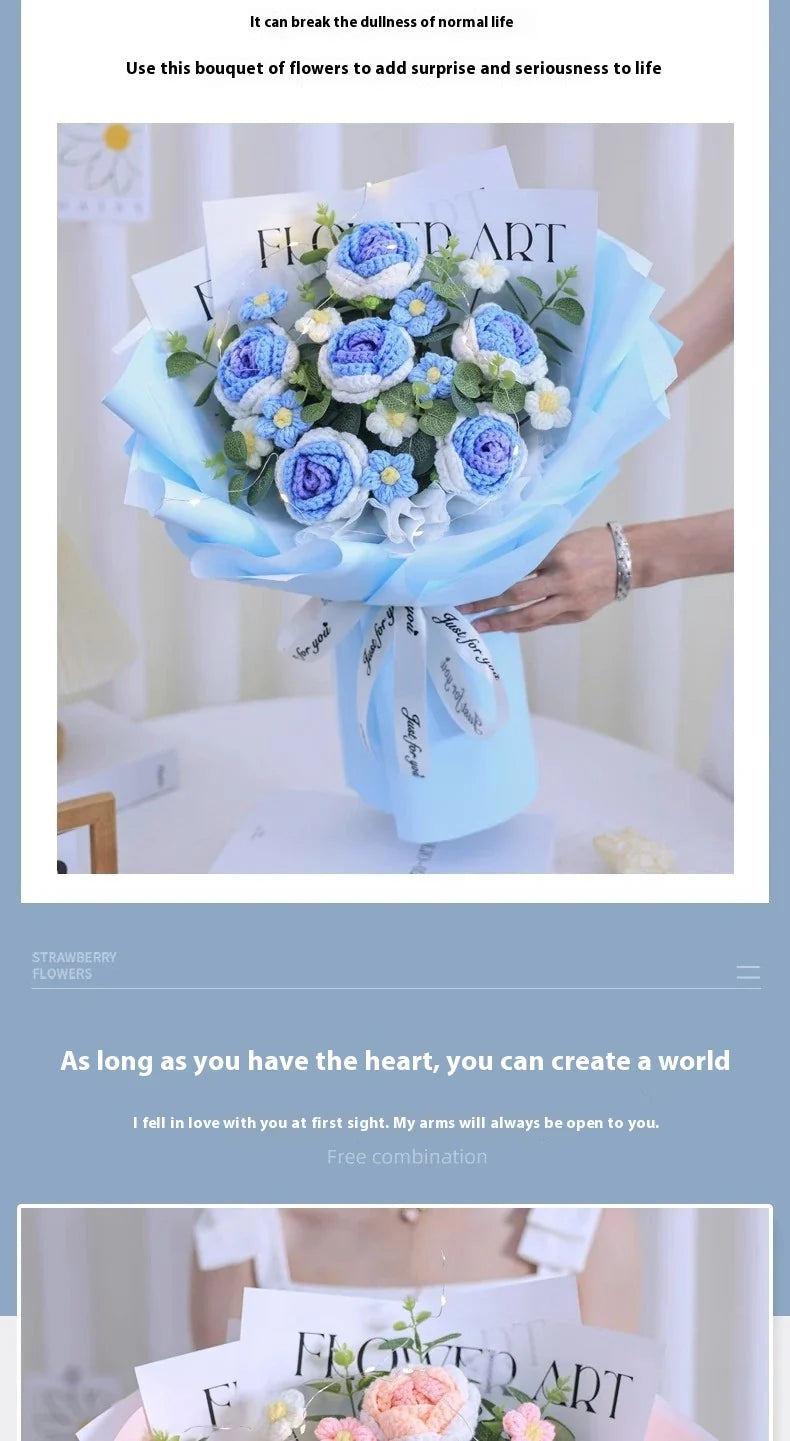 A knitted floral bouquet with vibrant flowers and LED lighting, creating a mesmerizing and elegant home decor piece.