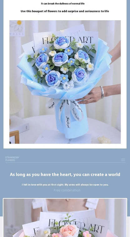 A knitted floral bouquet with vibrant flowers and LED lighting, creating a mesmerizing and elegant home decor piece.