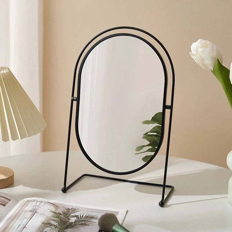Large minimalist desktop makeup mirror in black color with modern, sleek design for use in dorms, bedrooms, or dressing areas